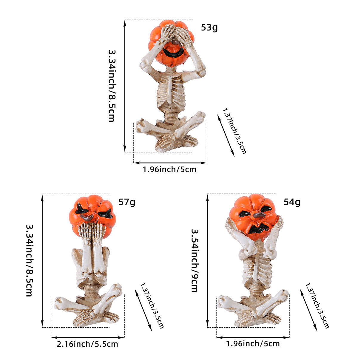 Pumpkin-Head Skull Ornaments – Set of 3