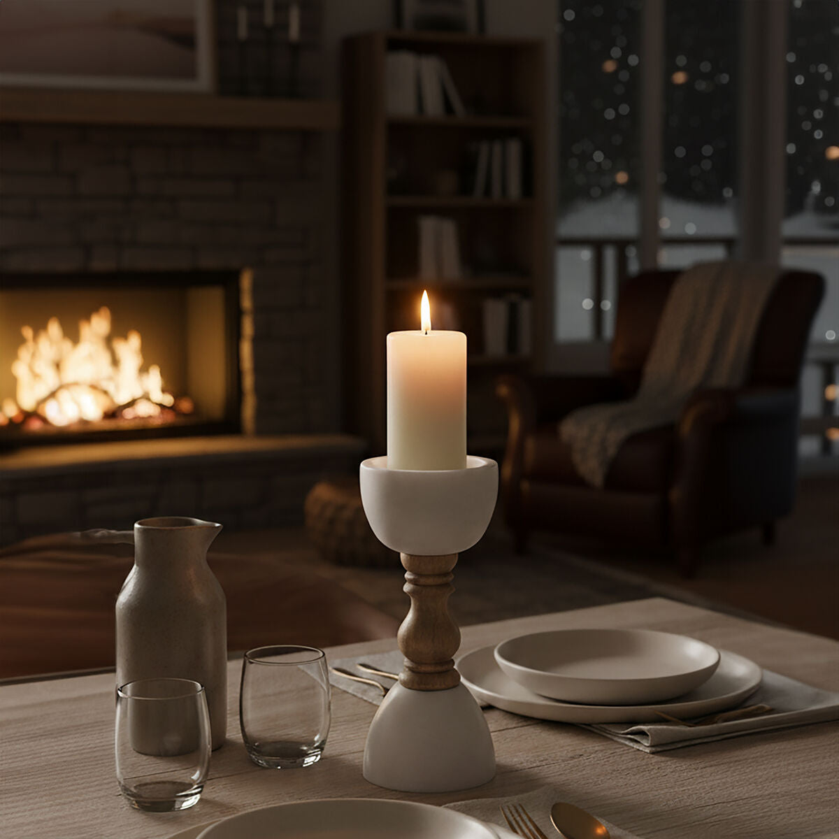 Marble & Mango Wood Pillar Candle Holder