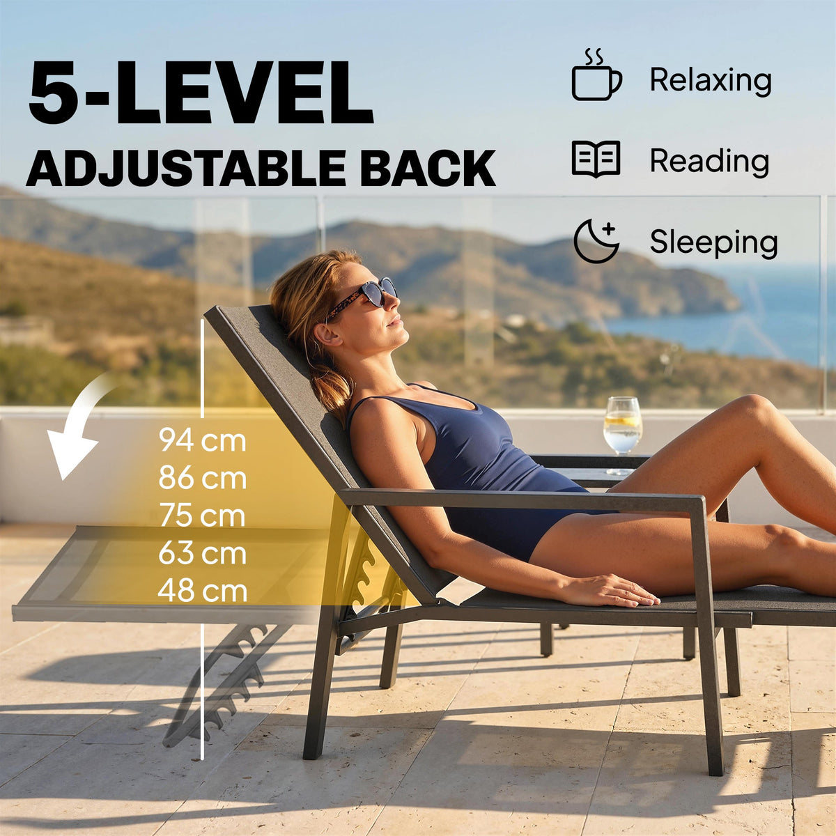 Sun Lounger Retractable Footrest 5-Position Adjustable - Set of 2