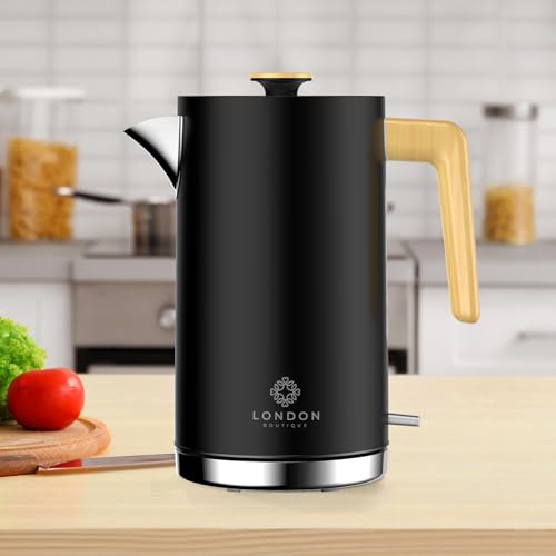 Black Stainless Steel Cordless Electric Kettle with Wood Effect Handle