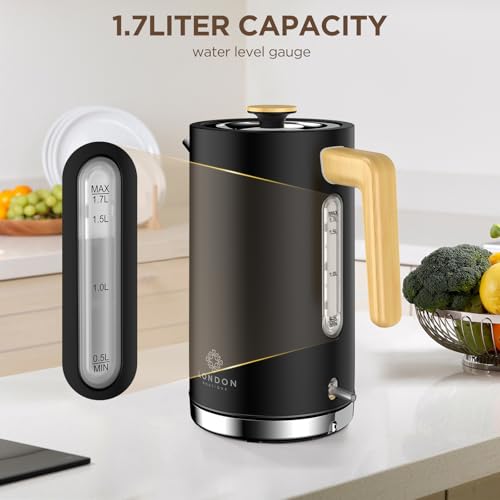 Black Stainless Steel Cordless Electric Kettle with Wood Effect Handle