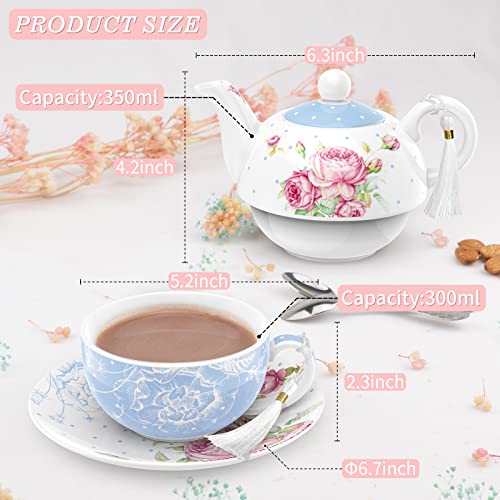 Vintage Floral Teapot & Teacup Set for 1 – Blue