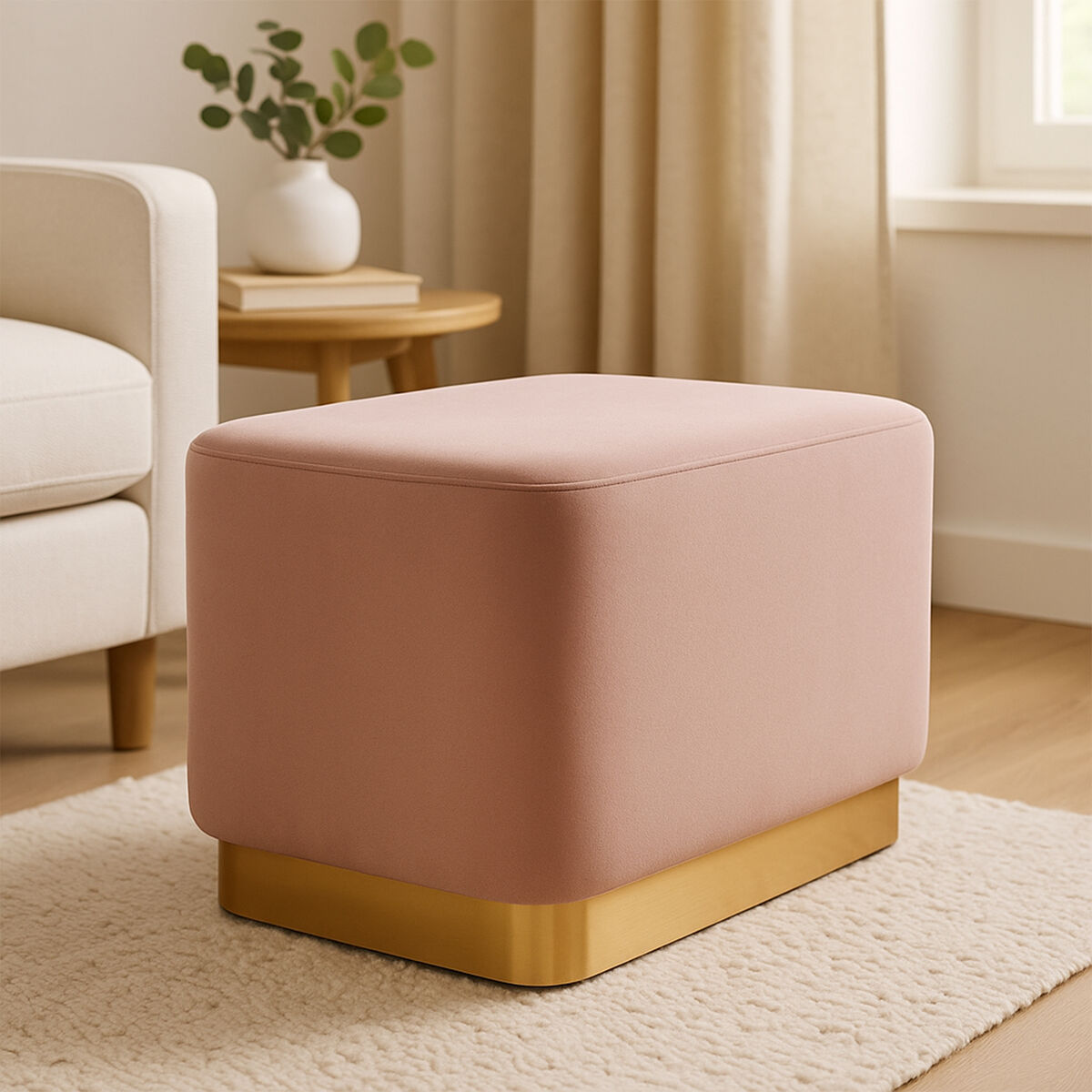 Dusty Pink Velvet Rectangular Pouffe with Matte Gold Base