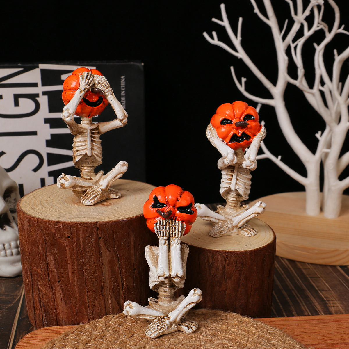 Pumpkin-Head Skull Ornaments – Set of 3