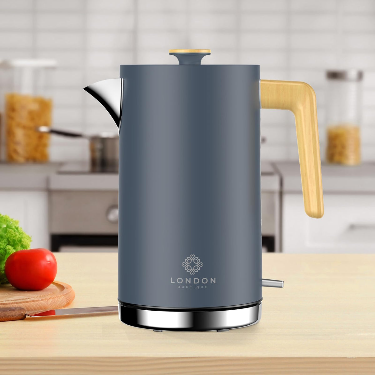Grey Stainless Steel Cordless Electric Kettle with Wood Effect Handle
