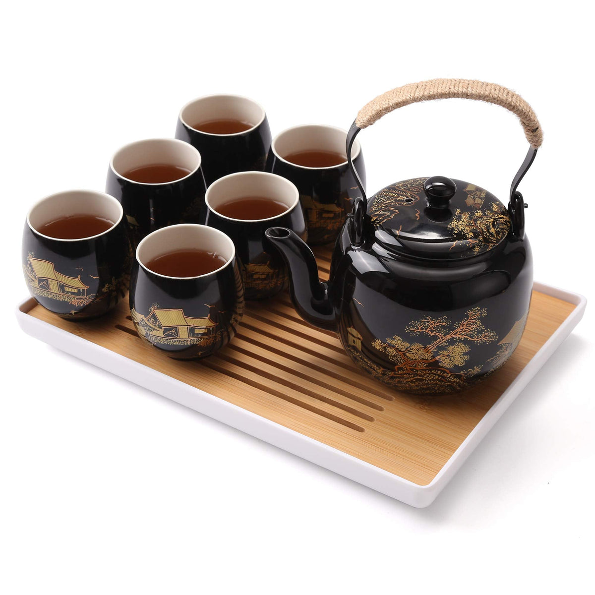 Japanese Black Porcelain Tea Set – Teapot, 6 Cups, Tray