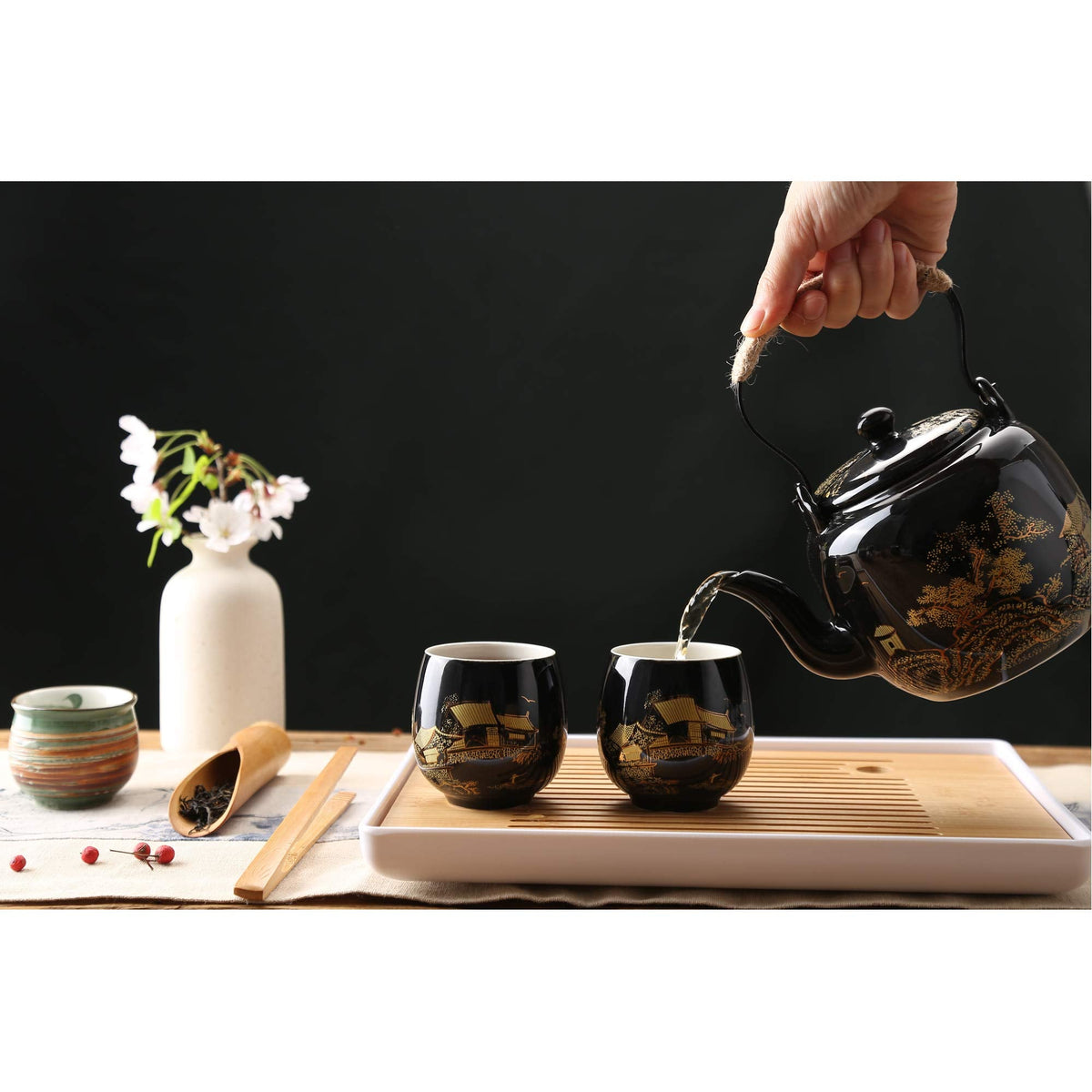 Japanese Black Porcelain Tea Set – Teapot, 6 Cups, Tray