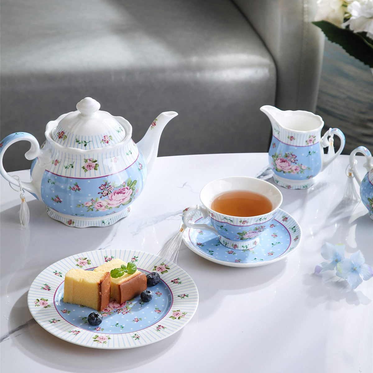 Porcelain Teapot, Sugar Bowl & Milk Jug Set – Blue Rose