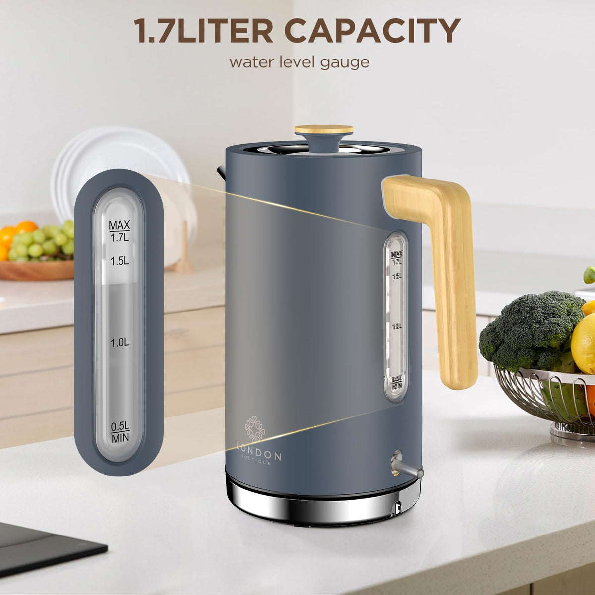 Grey Stainless Steel Cordless Electric Kettle with Wood Effect Handle