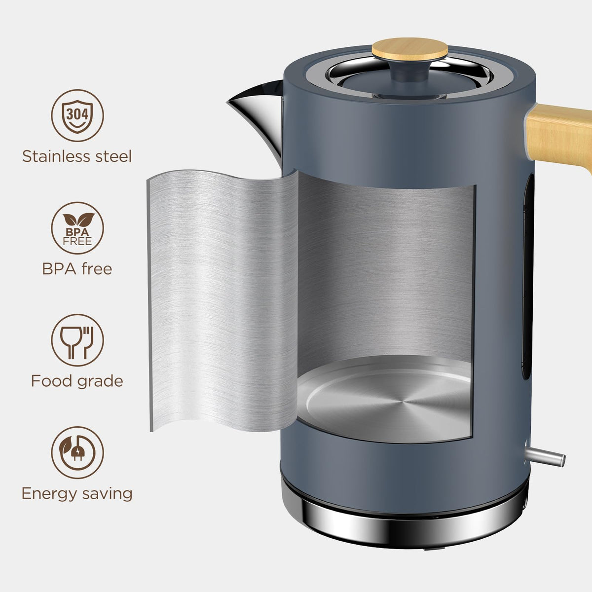 Grey Stainless Steel Cordless Electric Kettle with Wood Effect Handle