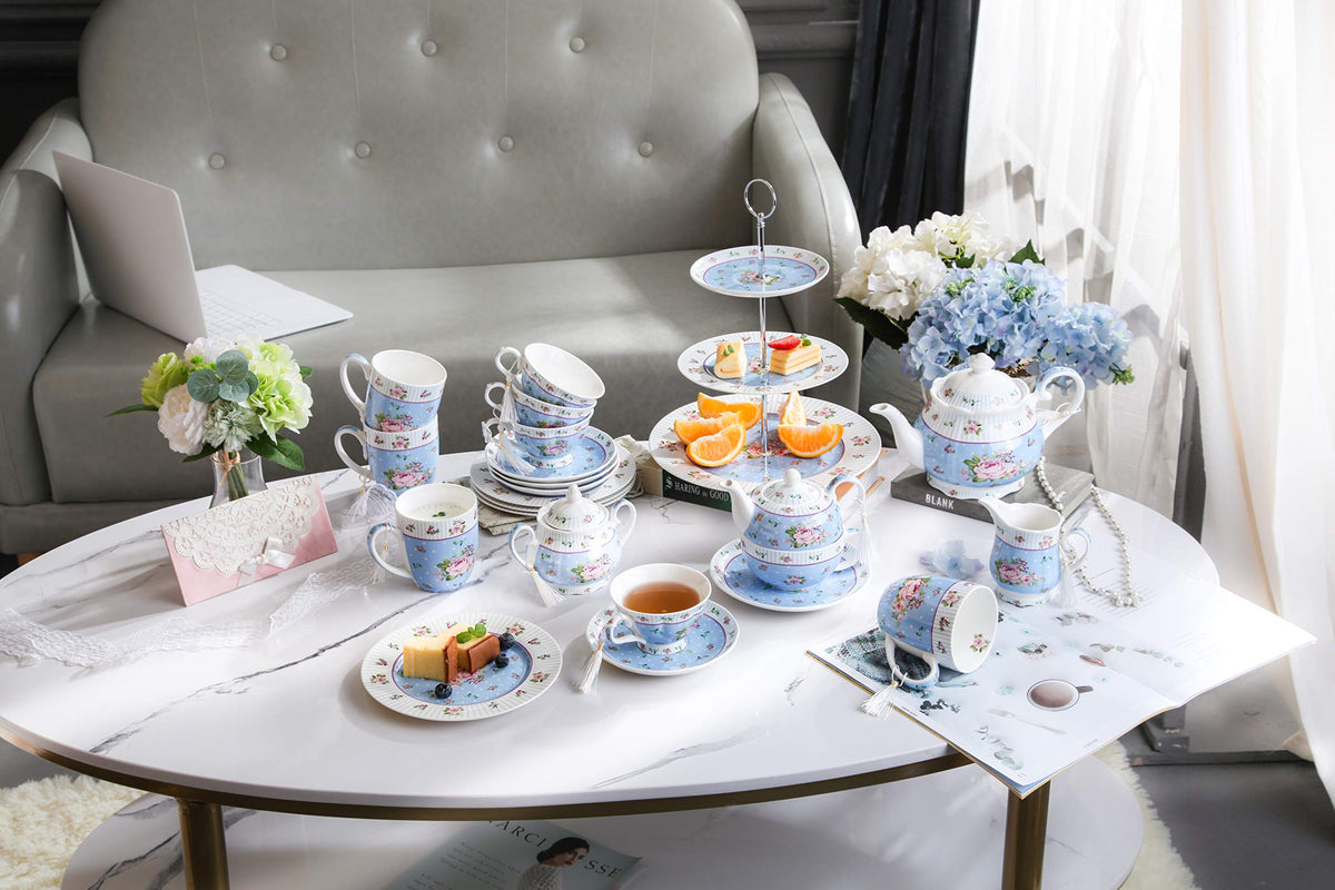 Porcelain Teapot, Sugar Bowl & Milk Jug Set – Blue Rose
