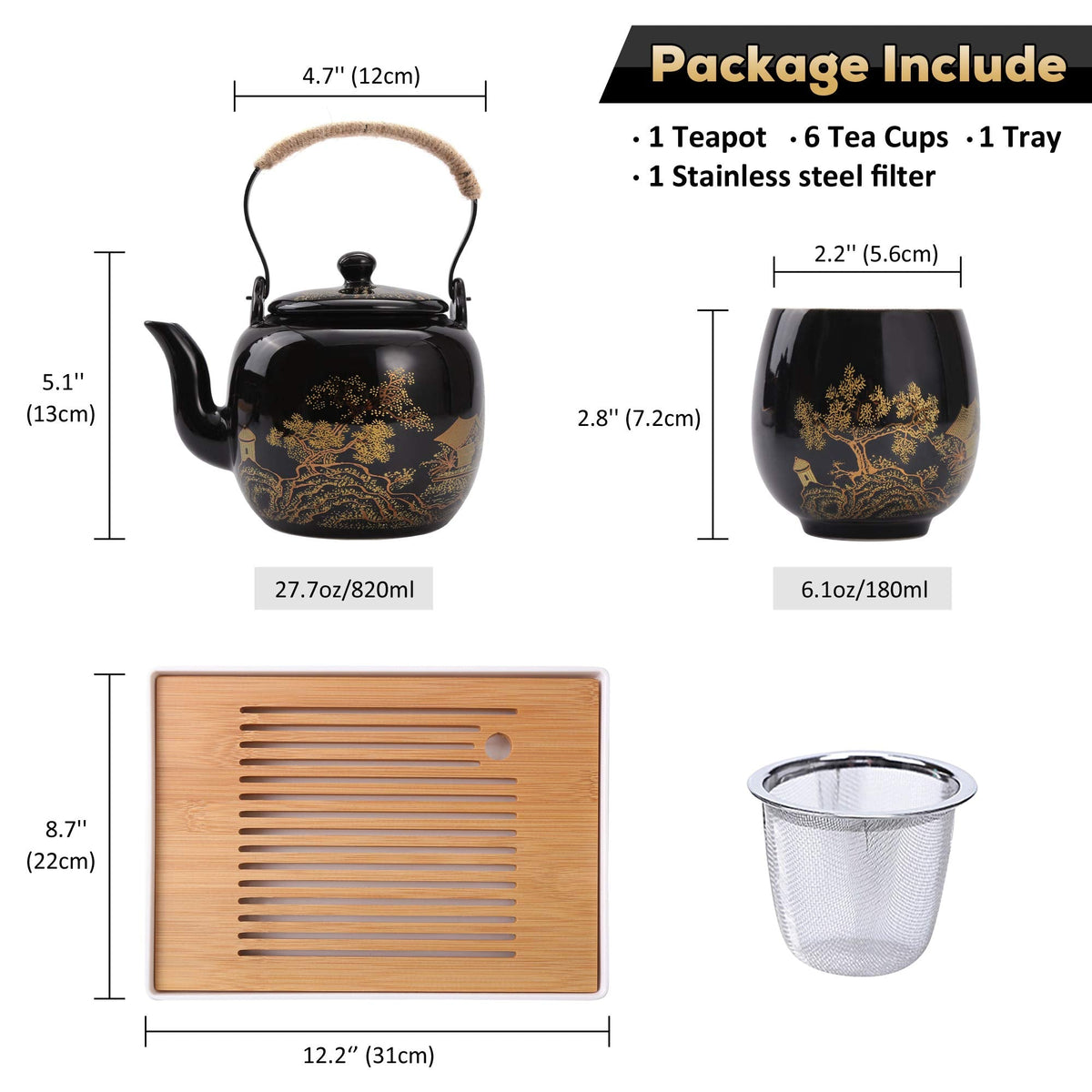 Japanese Black Porcelain Tea Set – Teapot, 6 Cups, Tray