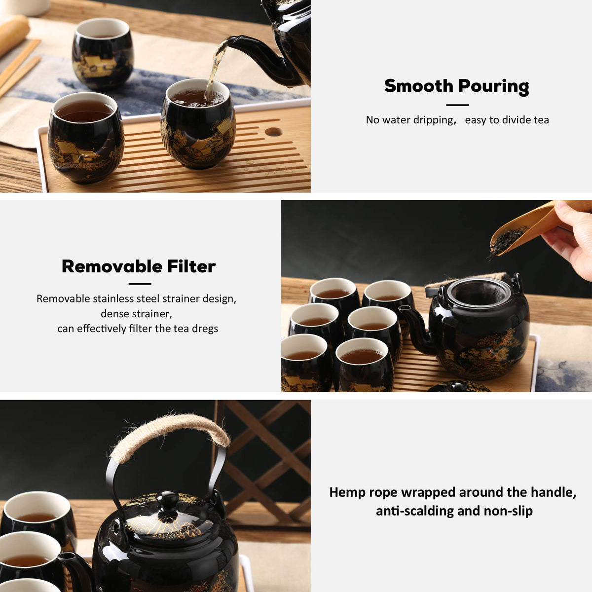 Japanese Black Porcelain Tea Set – Teapot, 6 Cups, Tray