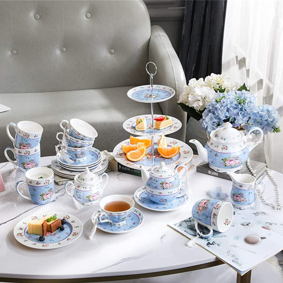 Porcelain 4-Piece Cake Plate Set – Blue Rose