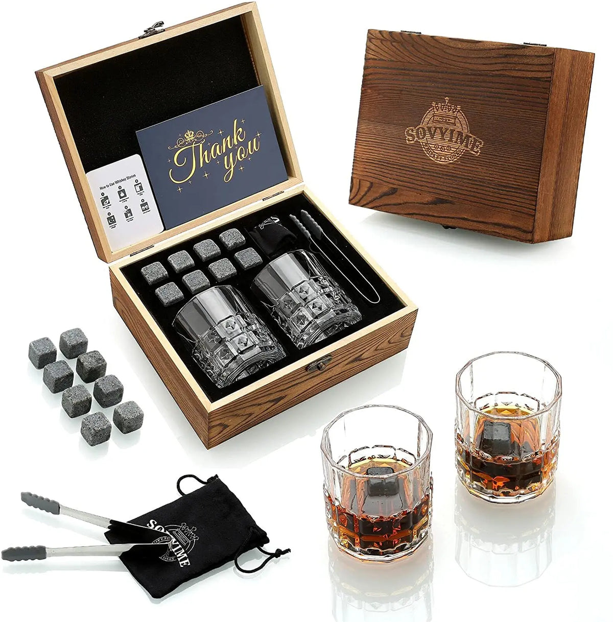Whiskey Stones & Glasses Set, Granite Ice Cube For Whisky