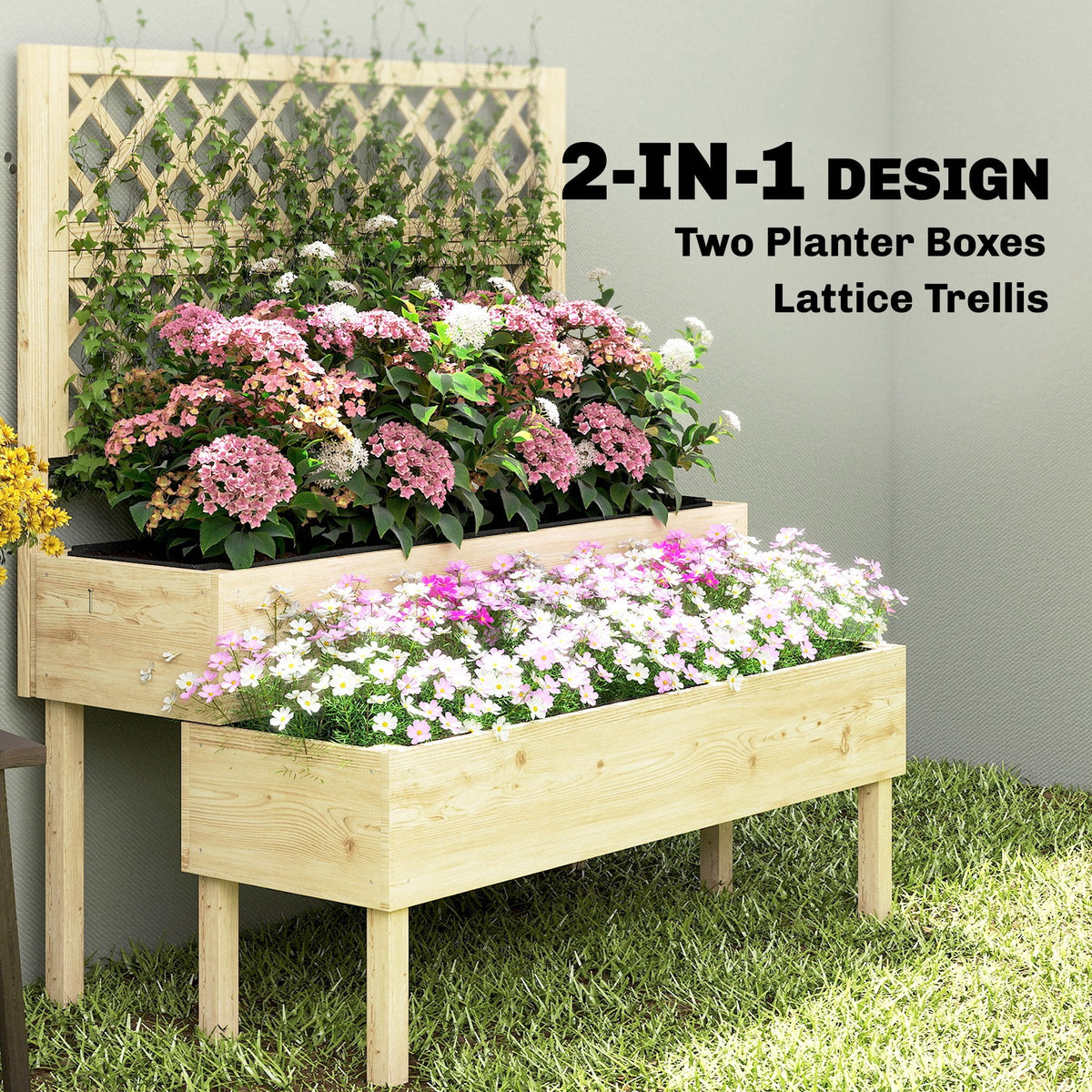 2-Tier Stepped Garden Bed with Trellis for Climbing Plants