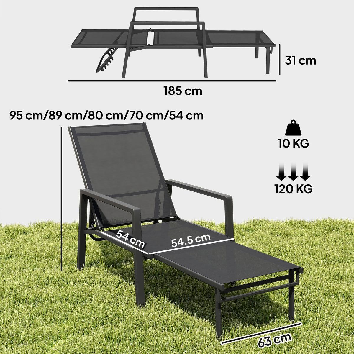 Sun Lounger Retractable Footrest 5-Position Adjustable - Set of 2