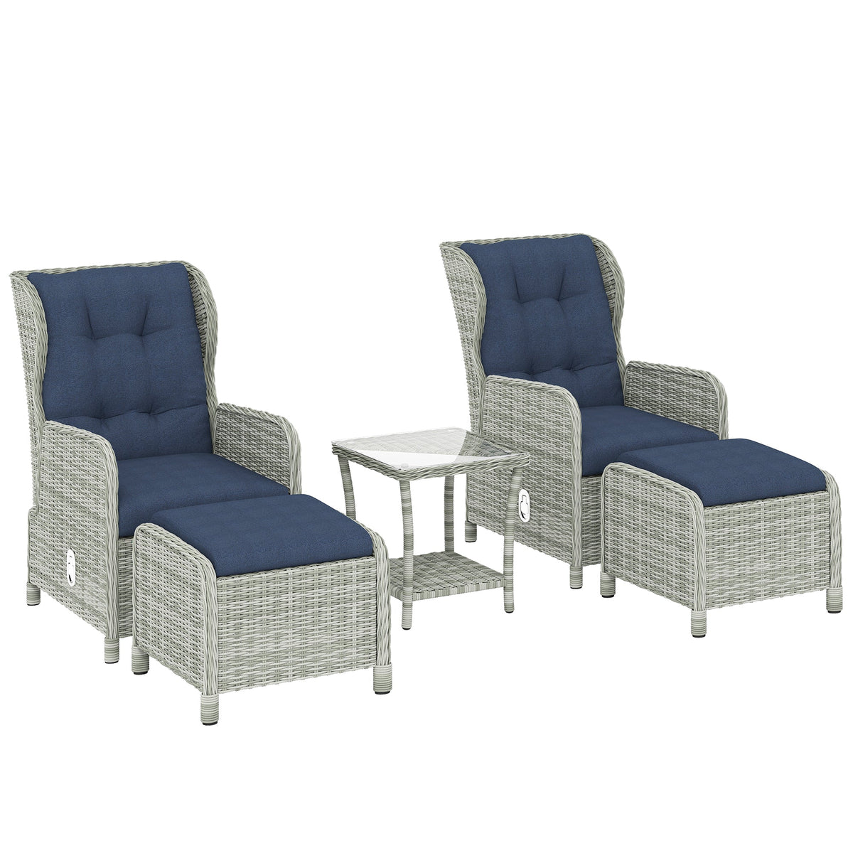5 Piece Rattan Garden Furniture Set, Reclining Chair Set of 2 with Footstool