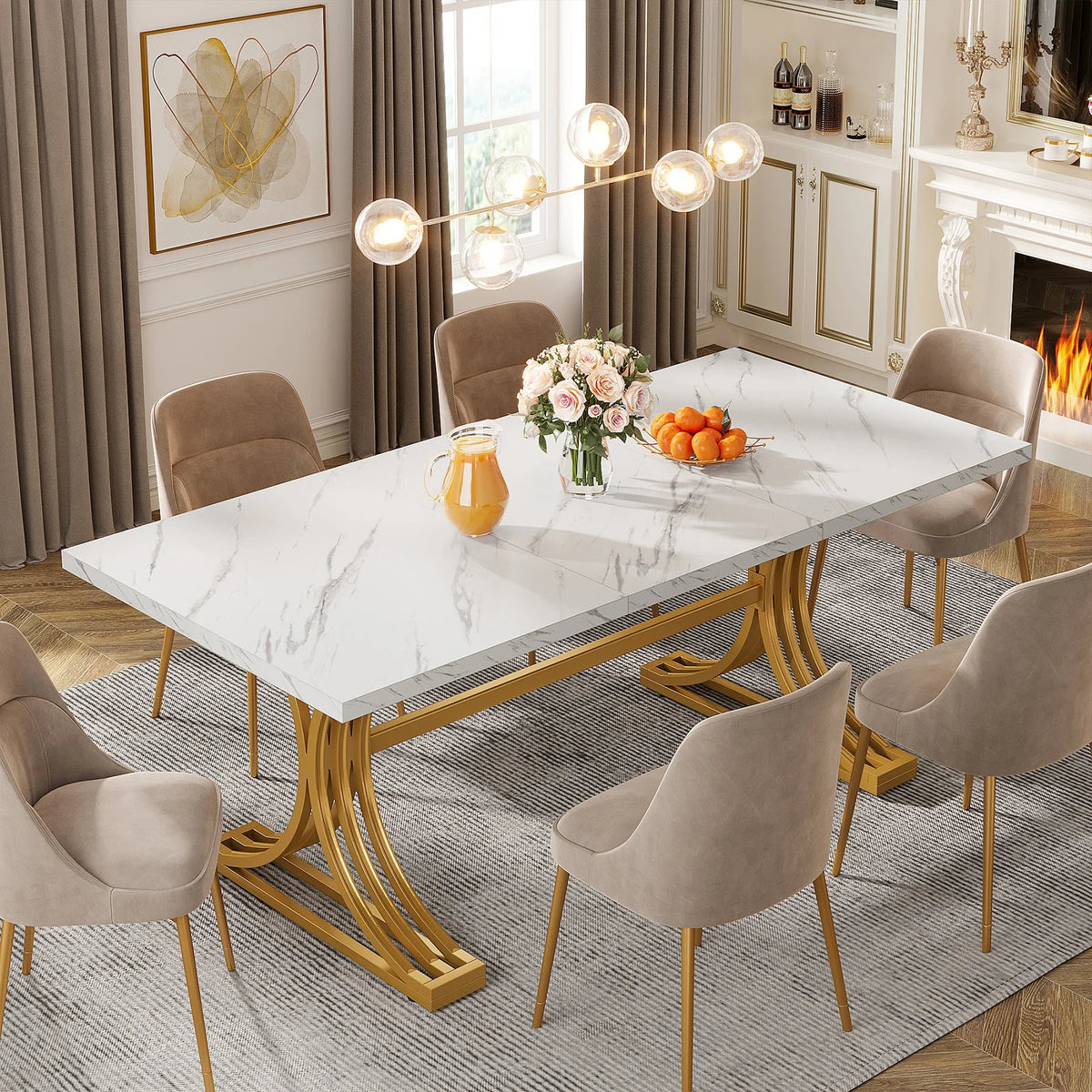 63-Inch Rectangular Dining Table for 4 to 6, Marble Table Top
