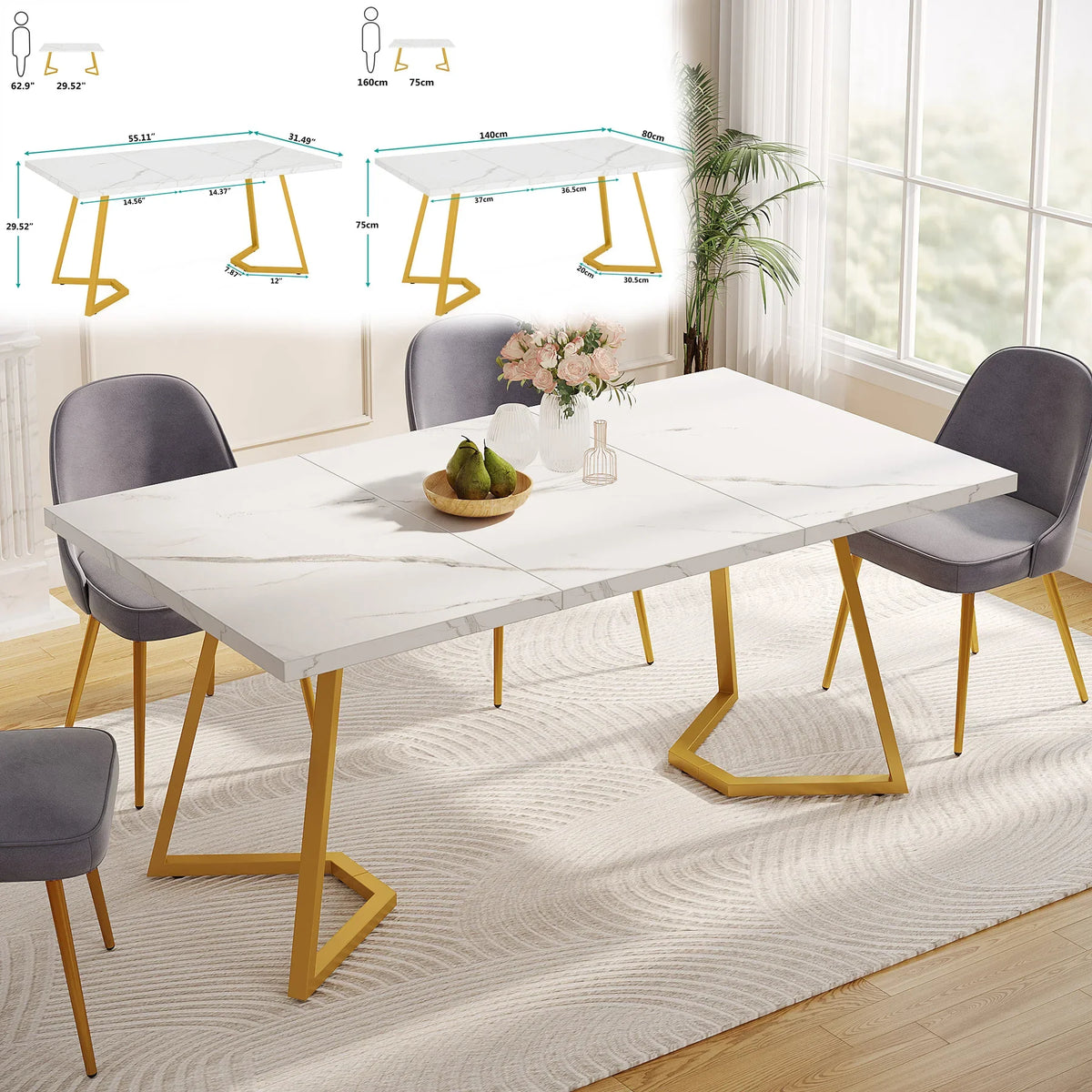 63-Inch Rectangular Dining Table for 4 to 6, Marble Table Top