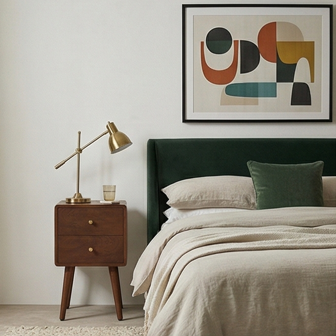 Walnut Narrow Bedside Table with Brass Drawer Pulls - 30cm