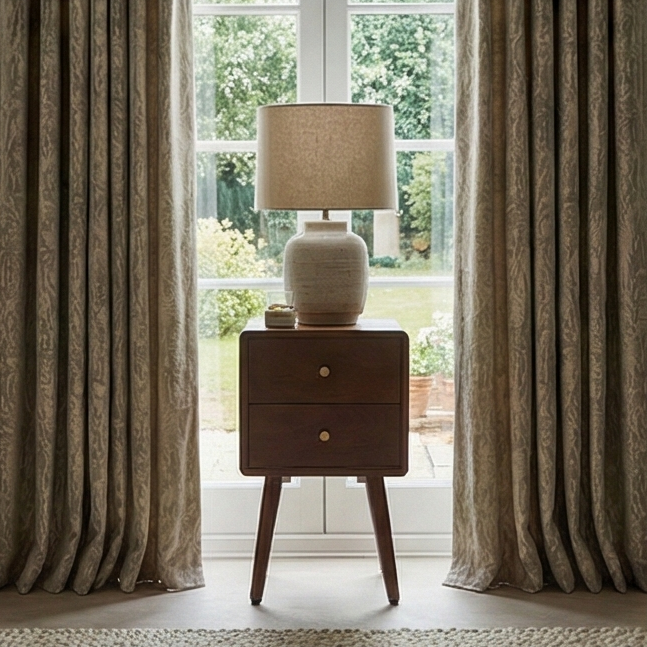 Walnut Narrow Bedside Table with Brass Drawer Pulls - 30cm