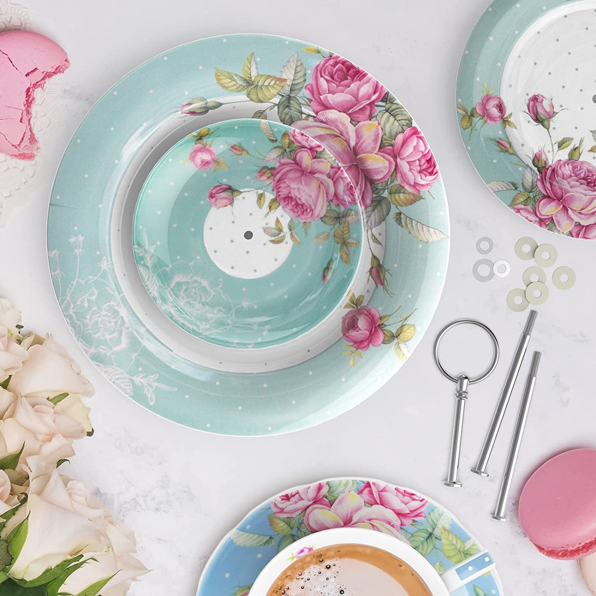 3 Tier Cake Plate Stand, Porcelain - Chic Vintage Floral - Gift Box (Turquoise)
