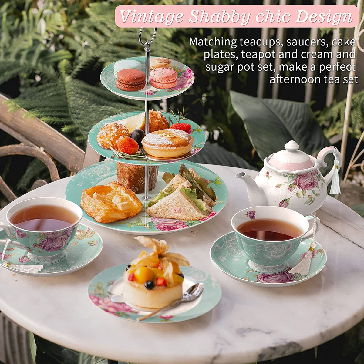 3 Tier Cake Plate Stand, Porcelain - Chic Vintage Floral - Gift Box (Turquoise)