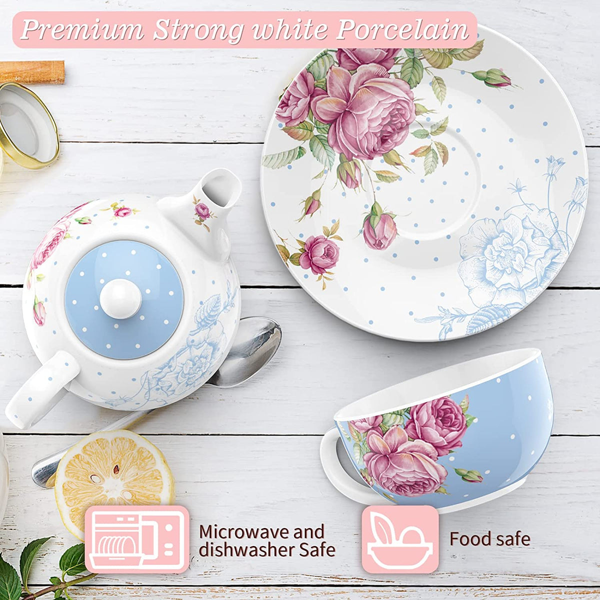 Vintage Floral Teapot & Teacup Set for 1 – Blue