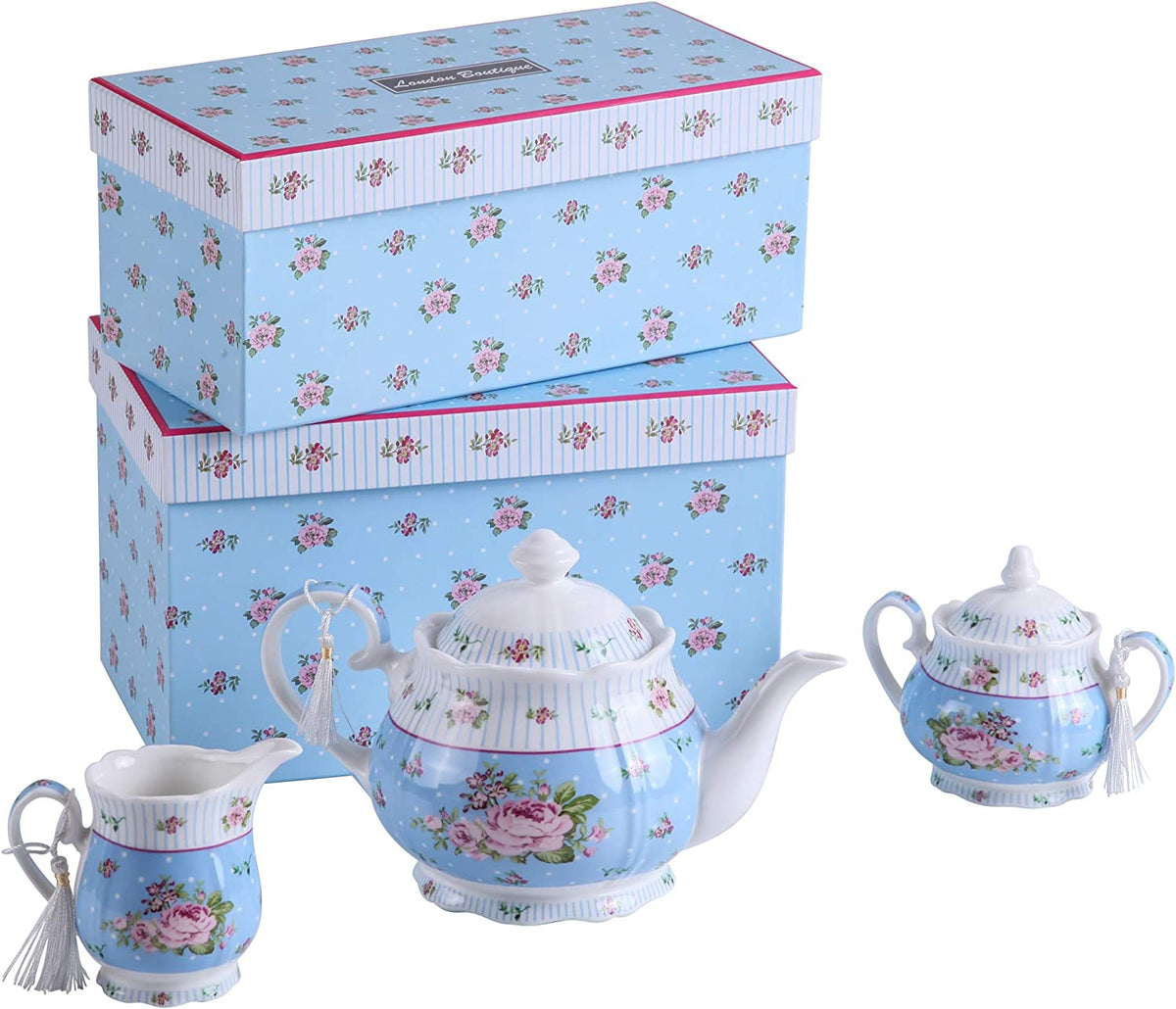 Porcelain Tea Gift Set with 3-Tier Cake Stand – Blue Rose