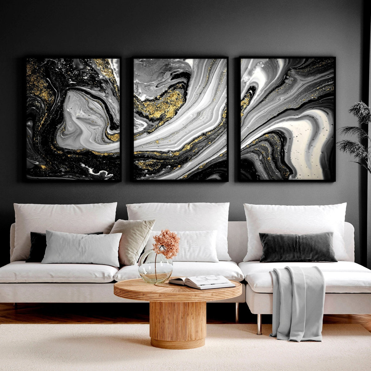 Black & Gold Abstract Marble Art Set of 3