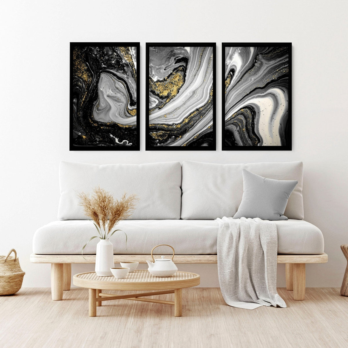 Black & Gold Abstract Marble Art Set of 3