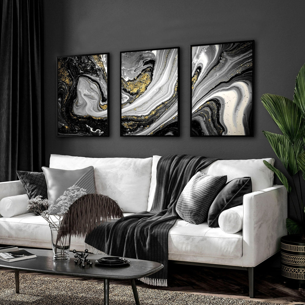Black & Gold Abstract Marble Art Set of 3