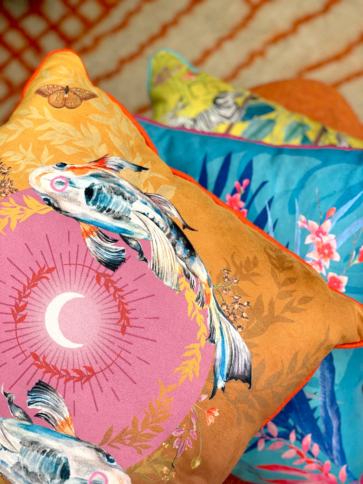 Golden Pool Koi Cushion – Vegan Suede Watercolour