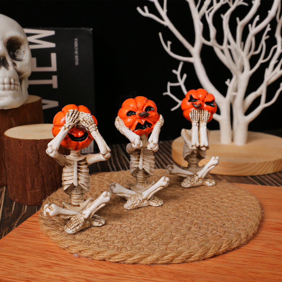 Pumpkin-Head Skull Ornaments – Set of 3