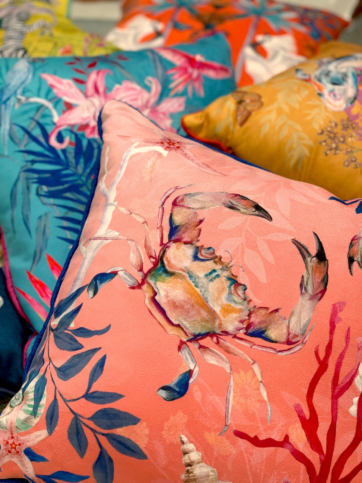 Coral with starfish illustration Art Cushion, made from Vegan friendly Suede