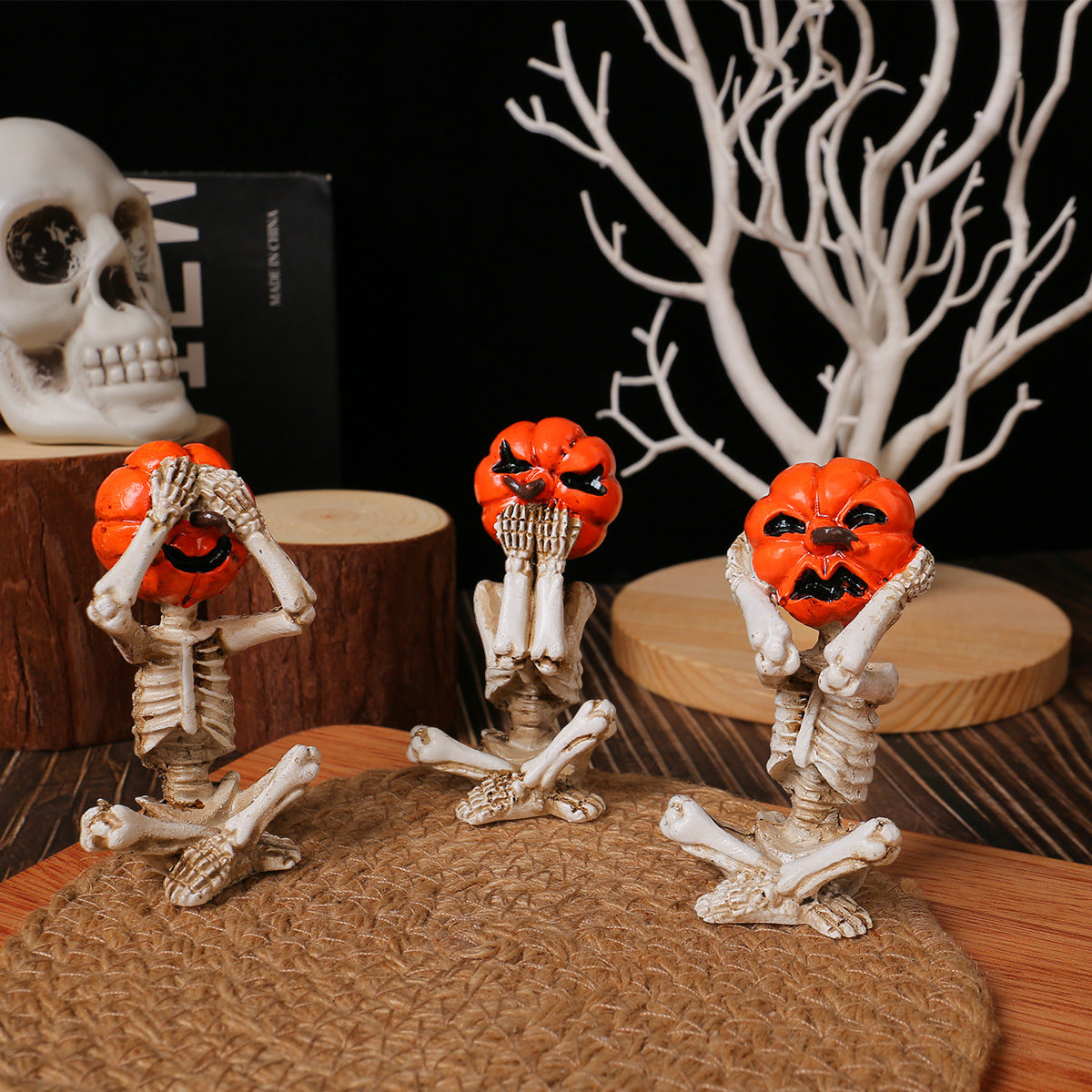 Pumpkin-Head Skull Ornaments – Set of 3