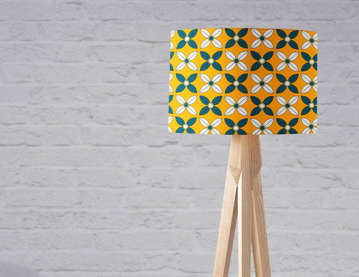 Yellow Lampshade with a  Retro Blue and White Design, Ceiling or Table Lamp Shade