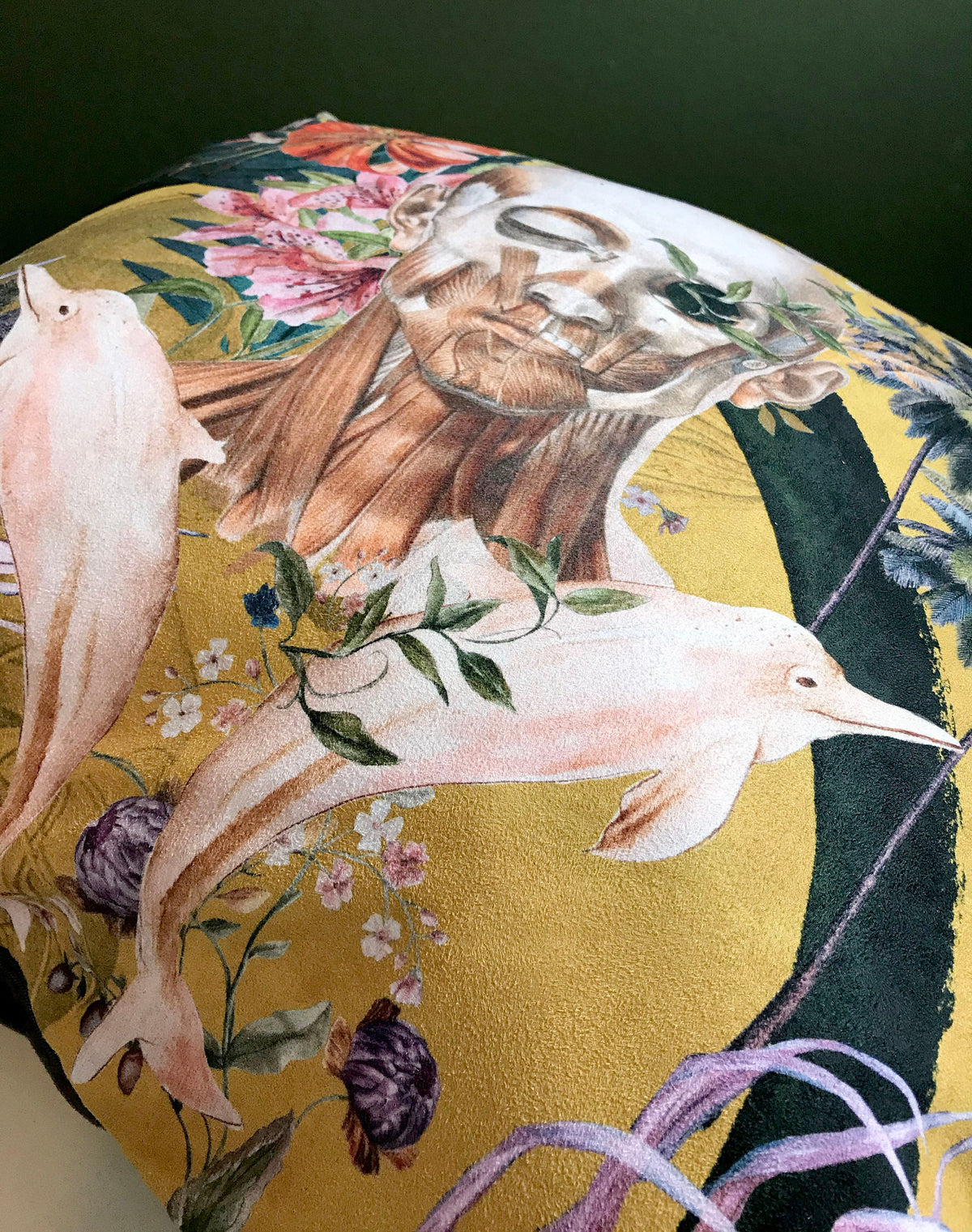 Large Yellow Skull Art Cushion – Vegan Suede