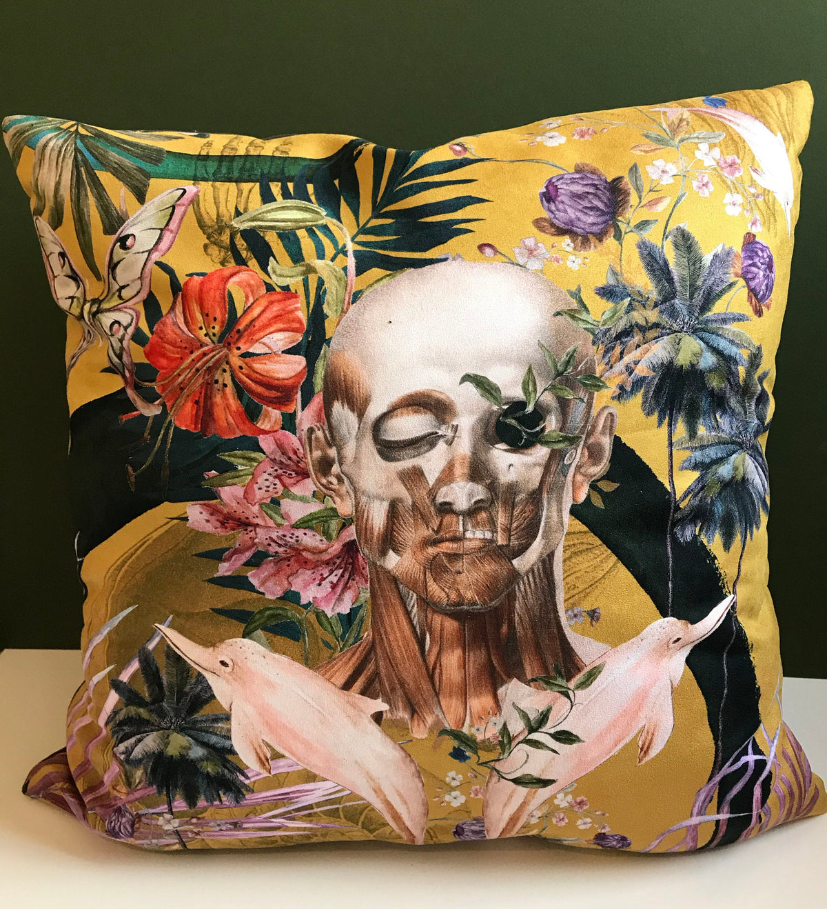 Large Yellow Skull Art Cushion – Vegan Suede