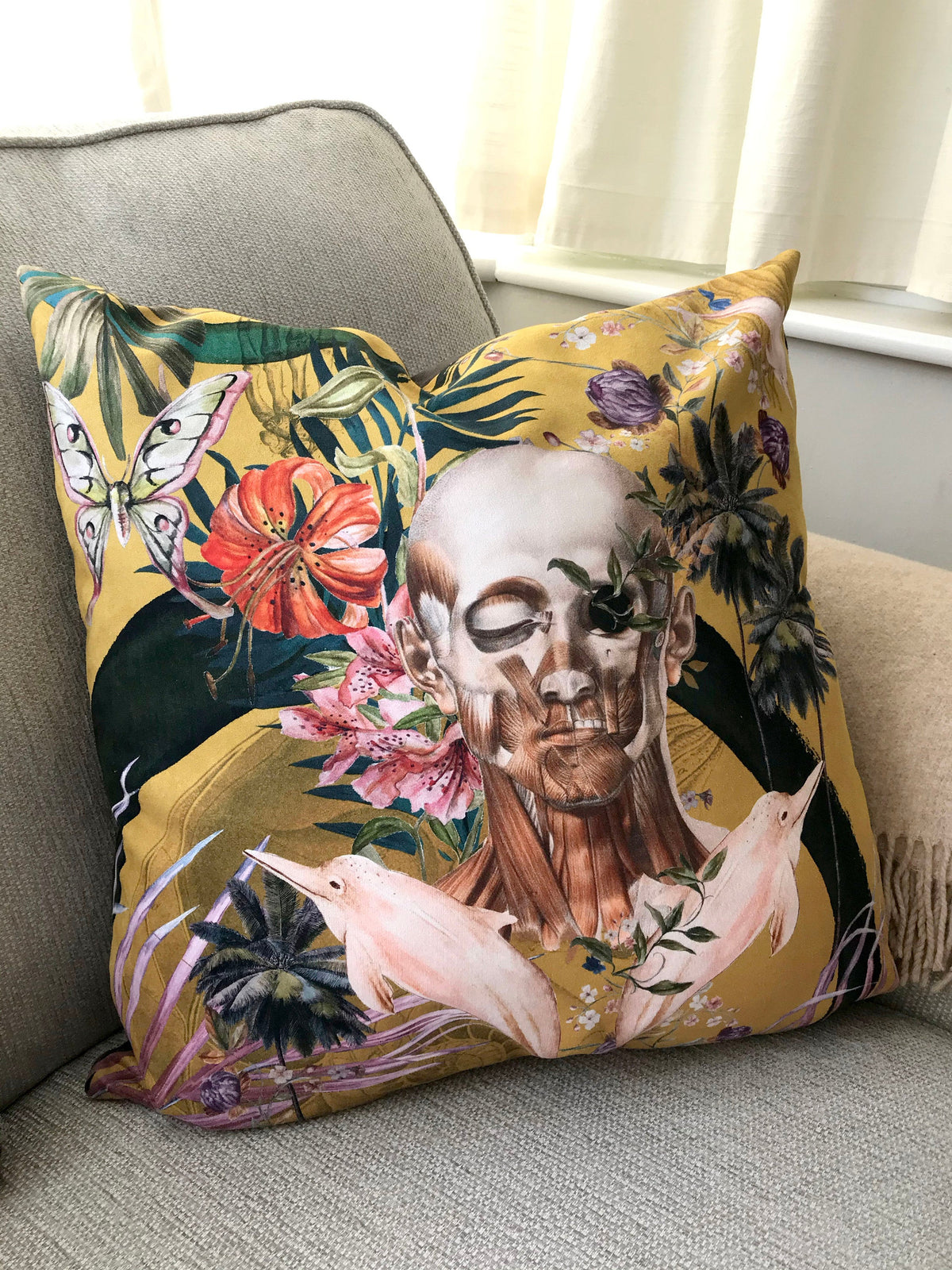 Large Yellow Skull Art Cushion – Vegan Suede