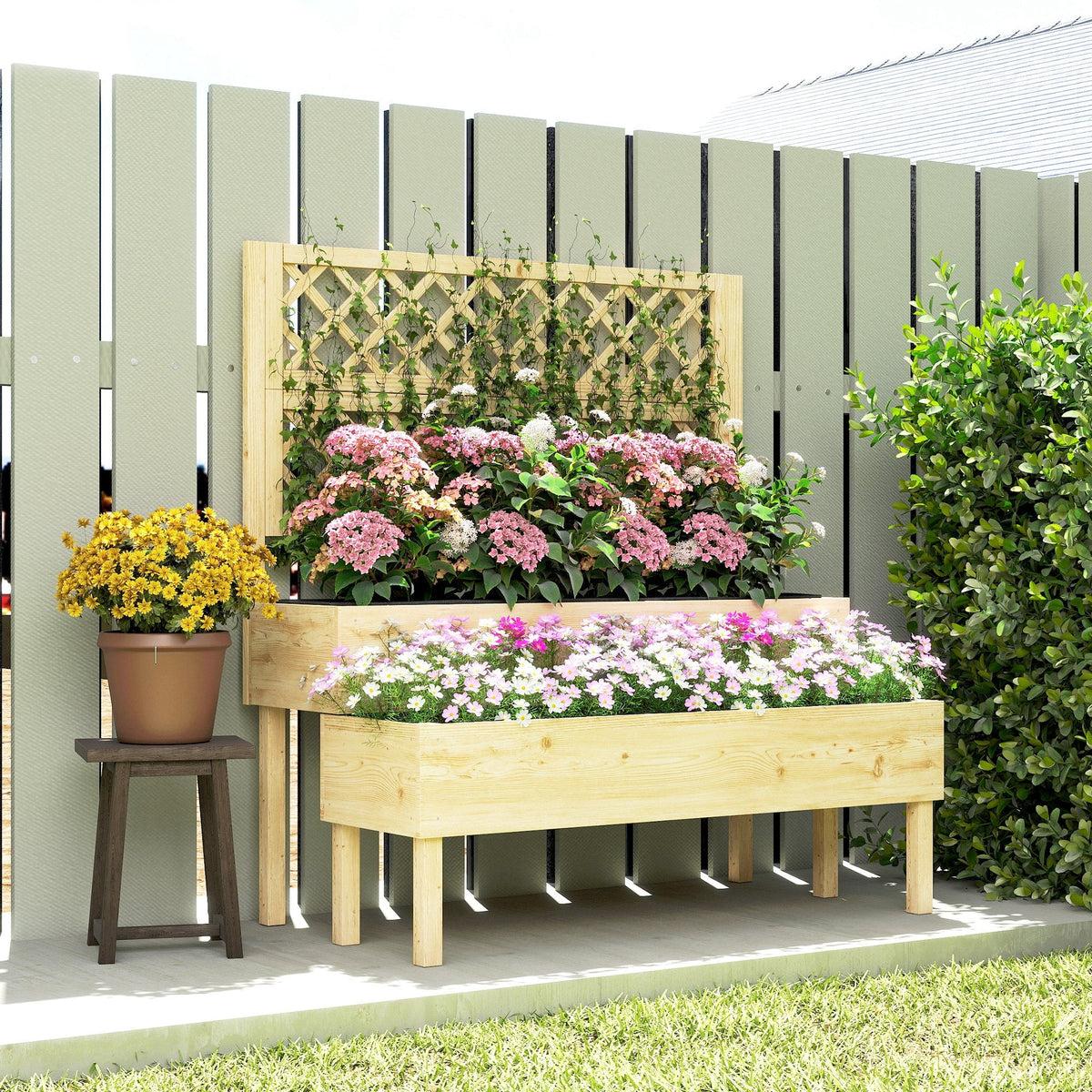 2-Tier Stepped Garden Bed with Trellis for Climbing Plants