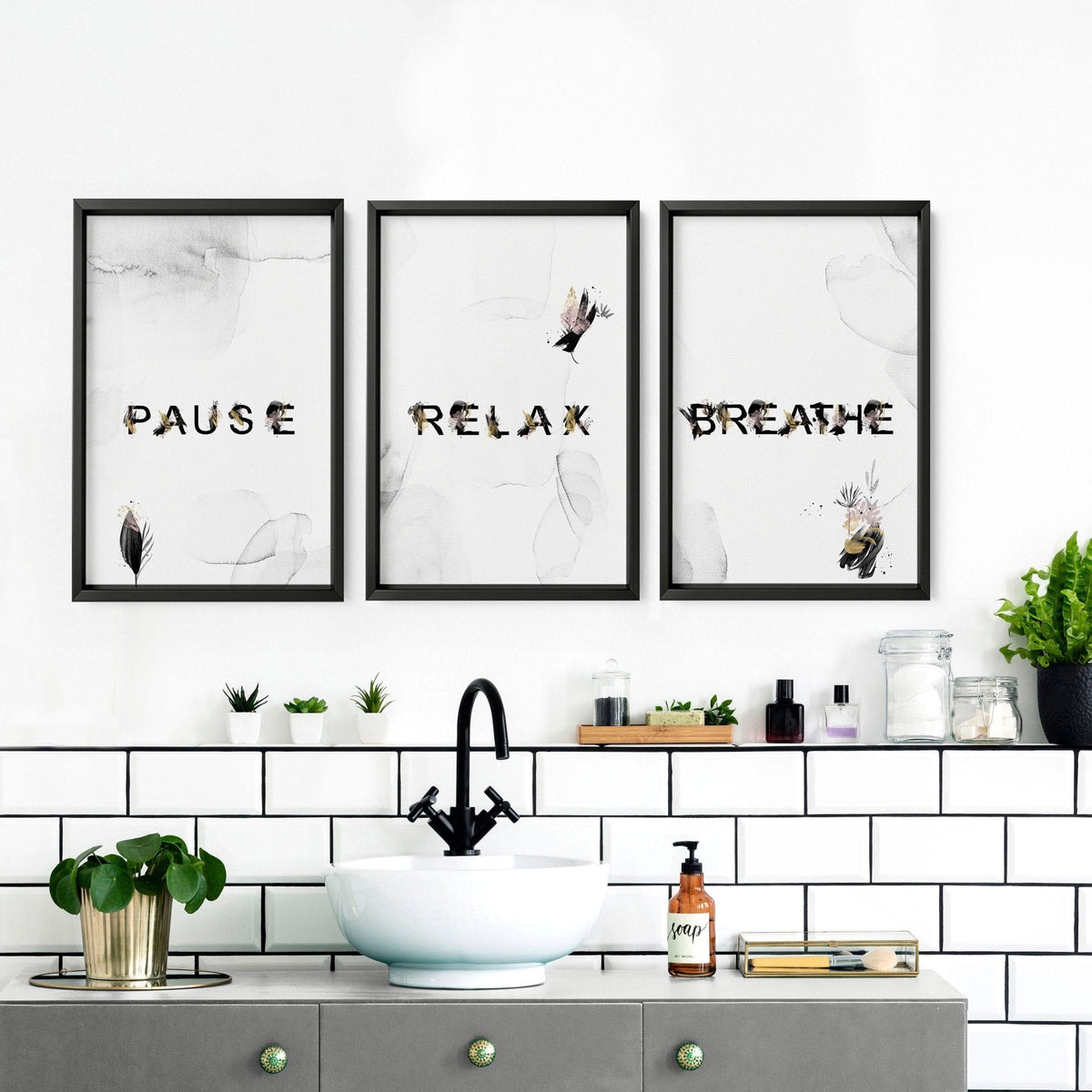Relaxing Black & Pink Bathroom Art Set of 3