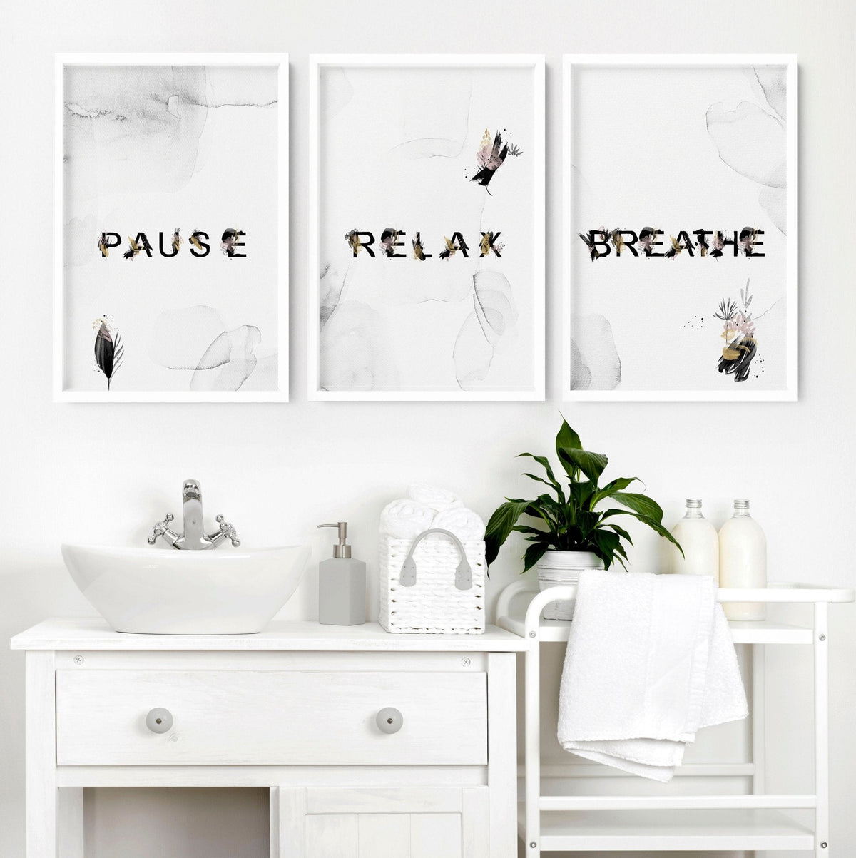 Relaxing Black & Pink Bathroom Art Set of 3
