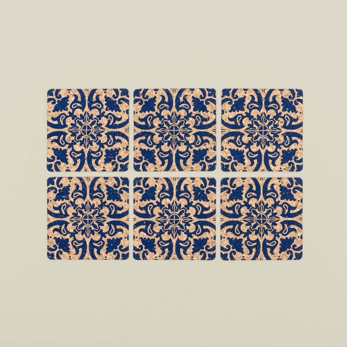 Square Cork Coasters with Tile Design - Set of 6