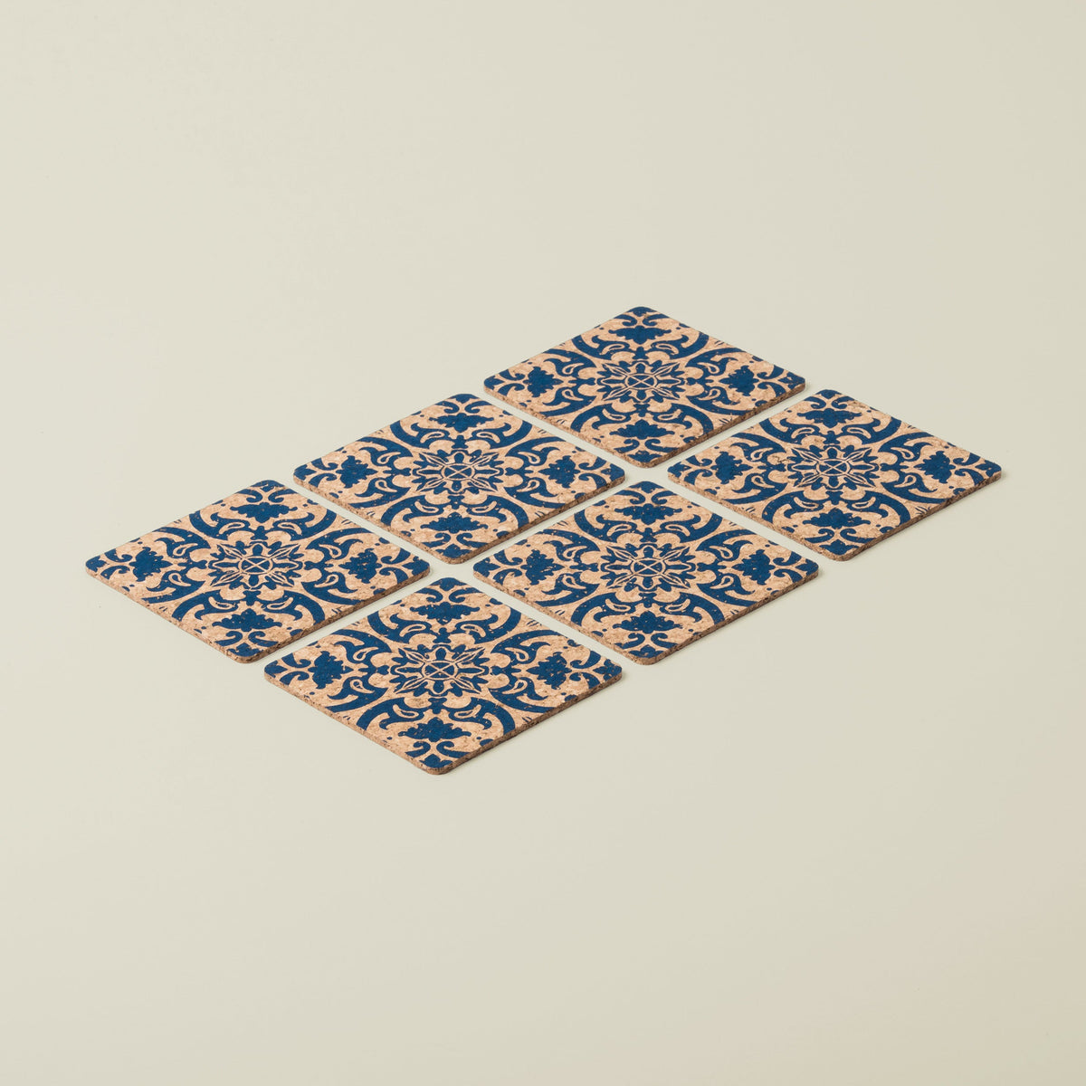 Square Cork Coasters with Tile Design - Set of 6
