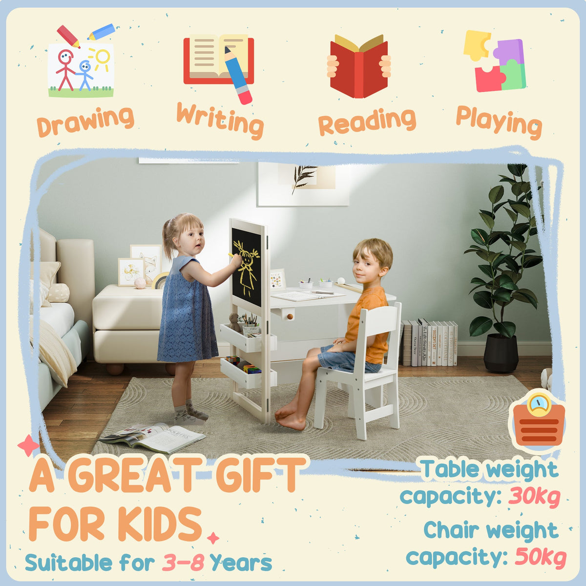 Kids Table and Chair Set with Storage, Whiteboard, Blackboard  for 3-8 Years